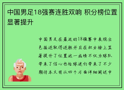 中国男足18强赛连胜双响 积分榜位置显著提升 中国男足18强赛连胜双响 积分榜位置显著提升
